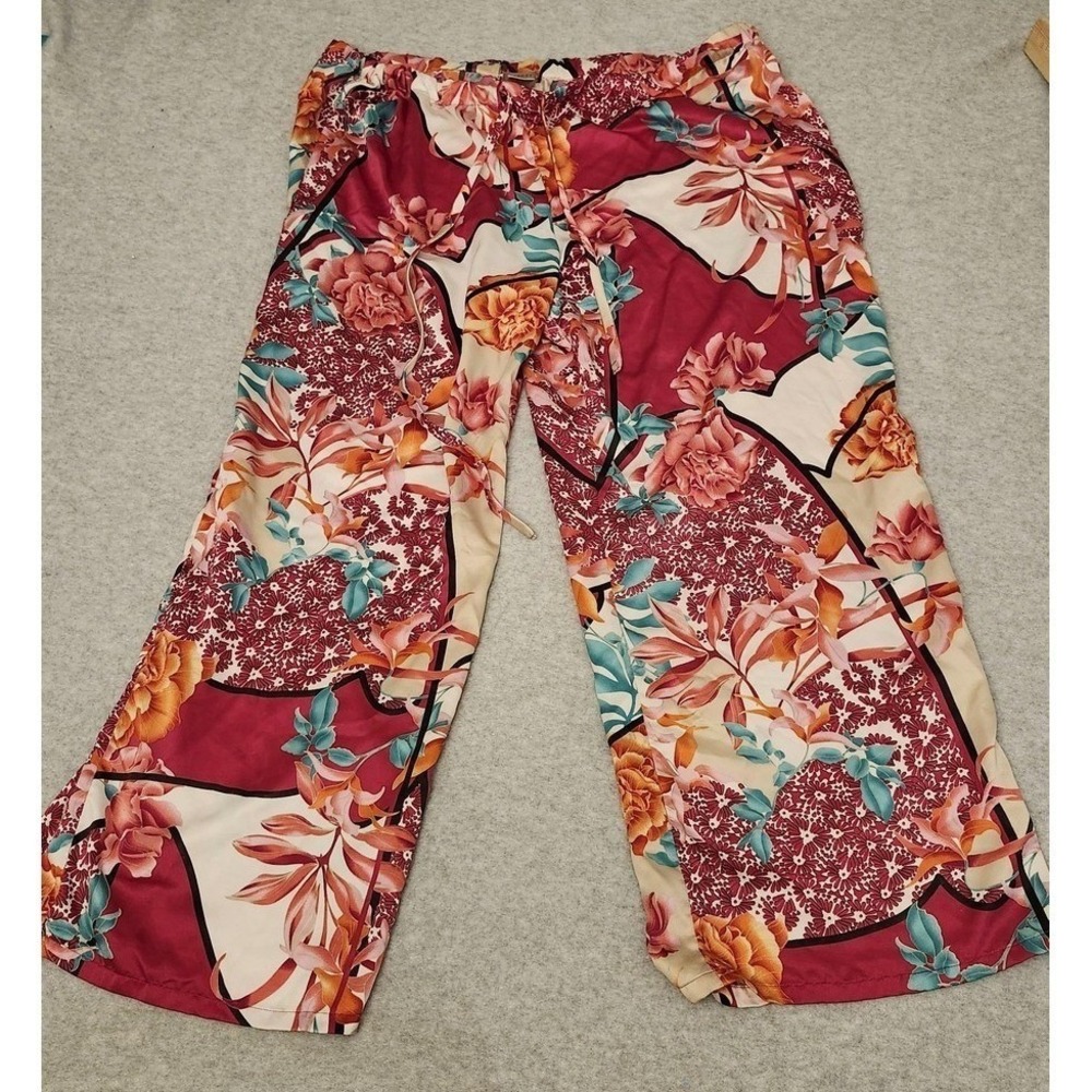 Natori Pajama Pants Womens Large Burgundy Floral Satin Drawstring Lounge‎ Capri